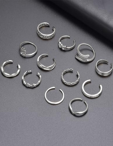 Akeoqi 12PCS 18K Gold Plated Toe Rings CZ Daisy Flower Leaf Heart Knot Band Open Tail Ring Beach Foot Jewelry Sets For Women Men Gold Silver Tone - color: B: Silver