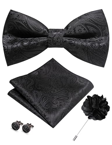 JEMYGINS Mens Paisley Bow Tie and Lapel Pin Necktie Pocket Square and Tie Clip with Sets for Business Casual 4PCS - color: Black