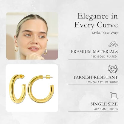 18K Gold Plated Sterling Silver Earrings for Women – Pure & Polished, Twist, Square, Hinged Tube, Abstract & Heart Shape Hoops – Lightweight, Hypoallergenic, Non-Tarnish Jewelry (Sizes: 3x35mm-46x30mm) - color: Gold, size: Square Tubing Hoop (4x40mm)