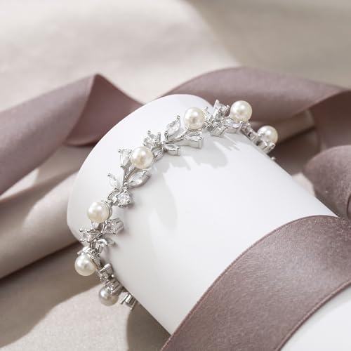 EVER FAITH Gorgeous Cubic Zirconia Pearl Wedding Link Bracelet for Bride | Marquise Teardrop Crystal Bridal Prom Jewelry, for Women Bridesmaids - style: Vine_Silver-Tone