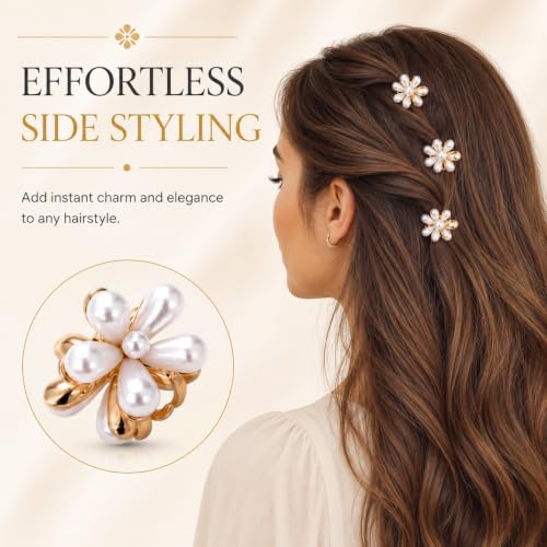 24 Pcs Gold Small Flower Hair Clips for Women Girls, Cute Mini Tiny Little Pearl Decorative Hair Claw Clips, Sparkling Metal Flower Sweet Hair Accessories