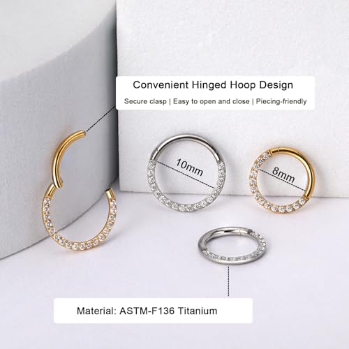 Titanium 16G Septum Ring Piercing Jewelry Nose Rings Hinged Clicker Hoop | G23 Titanium Silver Gold Hinged Segment Daith Piercing Jewelry Non-irritating , Clicker Septum Nose Piercing Jewelry Hoops - color: 07 Front face CZ-Silver, size: 16G-10mm