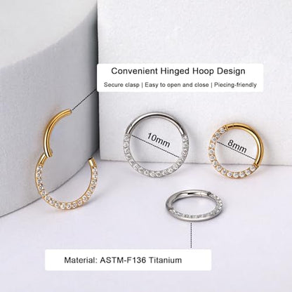 Titanium 16G Septum Ring Piercing Jewelry Nose Rings Hinged Clicker Hoop | G23 Titanium Silver Gold Hinged Segment Daith Piercing Jewelry Non-irritating , Clicker Septum Nose Piercing Jewelry Hoops - color: 07 Front face CZ-Gold, size: 16G-10mm