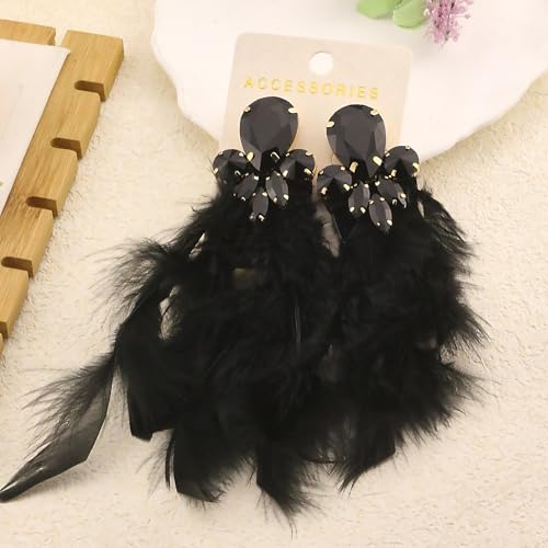 Long Feather Earrings for Women Bohemian Crystal Zirconia Dangle Feather Earrings Crystal Tassel Feather Earrings Wedding Halloween Prom Jewelry - color: Black