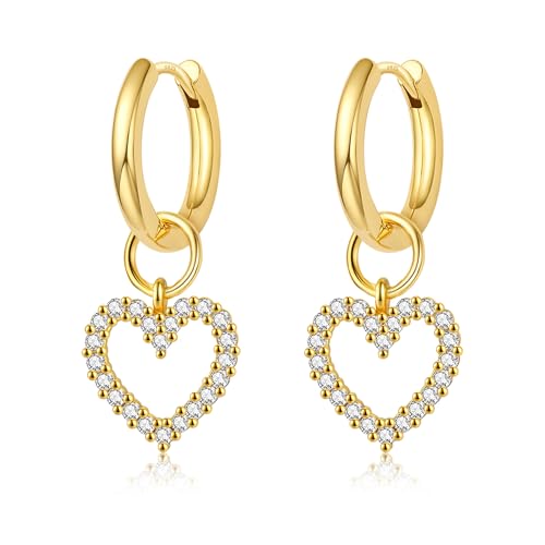 DAILY VIBES Cute Butterfly Star Cross Heart CZ Dangle Earrings for Women | 925 Sterling Silver Post, 14K Gold or Silver Plated, Mini Cubic Zirconia Dainty Drop, Cartilage Small Huggie Hoop Earrings - color: Gold Heart CZ