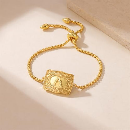 Belt Buckle Initial Bracelet for Women, 18K Gold/Silver Plated Belt Buckle Initial A-Z Bracelet, Unique Western Style Jewelry Gifts for Women Men - style: Gold-M