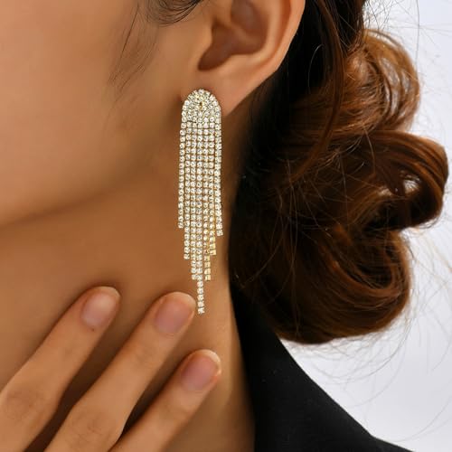 HERIER Rhinestone Earrings Dangling for Women Chandelier Statement Tassel Earrings Girls Silver Sparkly Drop Cubic Zirconia Crystal Earrings Long Dangle Costume Jewelry - color: Gold-Round Tassel