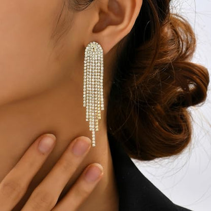 HERIER Rhinestone Earrings Dangling for Women Chandelier Statement Tassel Earrings Girls Silver Sparkly Drop Cubic Zirconia Crystal Earrings Long Dangle Costume Jewelry - color: Gold-Round Tassel