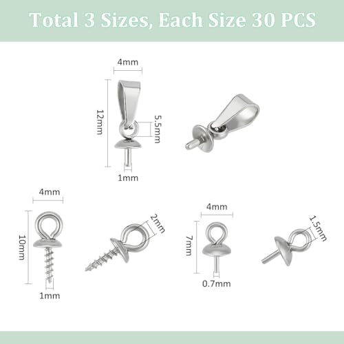 UNICRAFTALE 90Pcs 3 Style Stainless Steel Peg Bails Pendants Cup Peg Bails Pin Pendants Metal Pearl Screw Eye Pin Bail Nails Pendant Bails Clasps for Half Drilled Beads Jewellery Making - color: Metal Color