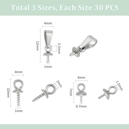 UNICRAFTALE 90Pcs 3 Style Stainless Steel Peg Bails Pendants Cup Peg Bails Pin Pendants Metal Pearl Screw Eye Pin Bail Nails Pendant Bails Clasps for Half Drilled Beads Jewellery Making - color: Metal Color