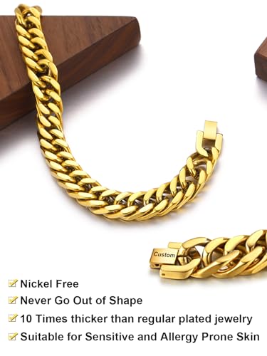 ChainsHouse Stainless Steel Cuban Link Bracelet, 6mm/8mm/12mm/17mm Width, 7.5"/8.3"/9", Black/ 18K Gold Plated Chain Wrist Bracelets for Men Women, Send Gift Box - color: V: Gold-8mm width-custom
