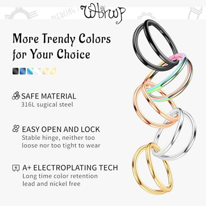WBRWP 316L Stainless Steel Nose Hoop Rings Clicker with Zircon/Opal 14g-20g | Hypoallergenic Nose Rings Segment Clicker Lip Rings Cartilage Rook Conch Earrings Diameter 5mm-10mm - color: Double hoop rose gold ring