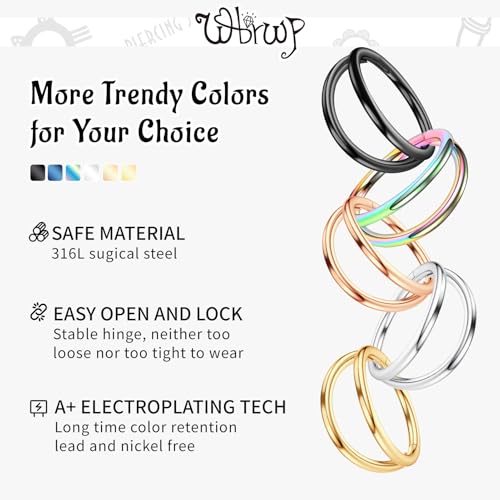WBRWP 316L Stainless Steel Nose Hoop Rings Clicker with Zircon/Opal 14g-20g | Hypoallergenic Nose Rings Segment Clicker Lip Rings Cartilage Rook Conch Earrings Diameter 5mm-10mm - color: Double hoop silver ring