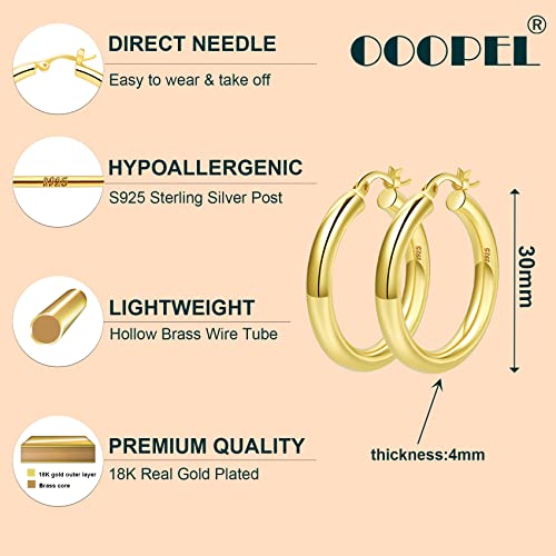 4mm Thick Gold Chunky Earrings Steling Silver Post Hoops Earrings For Women Hollow Tube Hoops Earrings Thick Gold Hoop Earrings Hypoallergenic Lightweight Gold Hoop Large Earrings 20/30/40/50/60MM - color: Gold,30mm