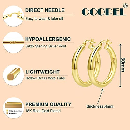 4mm Thick Gold Chunky Earrings Steling Silver Post Hoops Earrings For Women Hollow Tube Hoops Earrings Thick Gold Hoop Earrings Hypoallergenic Lightweight Gold Hoop Large Earrings 20/30/40/50/60MM - color: Gold,30mm