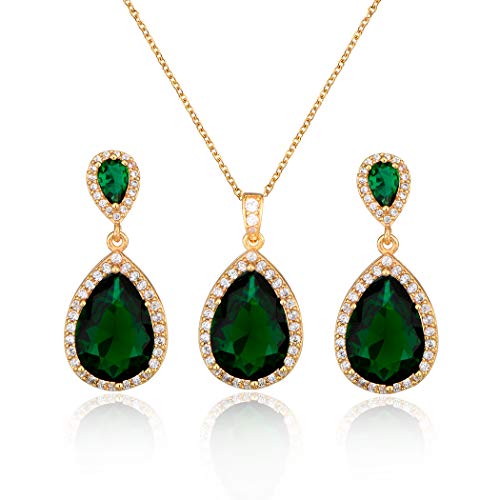 Bridal Jewelry Set for Wedding - 18k Plated Teardrop CZ Crystal Cubic Zirconia Rhinestone Necklace Earrings Set for Bride Bridesmaids Mother of Bride Party Prom Birthstone Costume Jewelry - color: May-Green