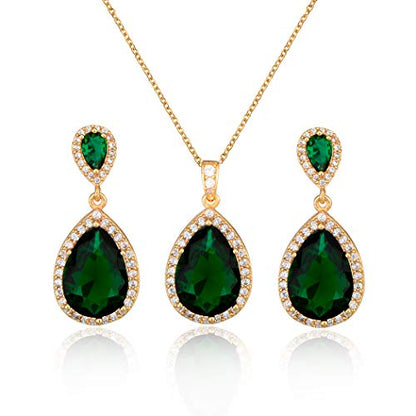 Bridal Jewelry Set for Wedding - 18k Plated Teardrop CZ Crystal Cubic Zirconia Rhinestone Necklace Earrings Set for Bride Bridesmaids Mother of Bride Party Prom Birthstone Costume Jewelry - color: May-Green
