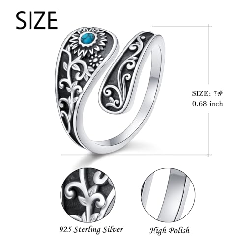 FLYOW Sterling Silver Sunflower Spoon Ring Victorian Style Boho Antique Flower Adjustable Open Ring Retro Statement Cubic Zirconial/Turquoise/Oxidized Thumb Rings for Women Birthday Christmas Jewelry - style: Turquoise Oxidized-7