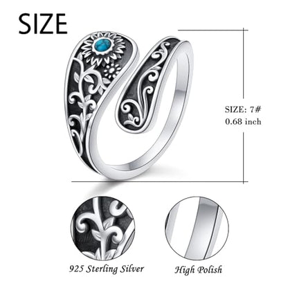 FLYOW Sterling Silver Sunflower Spoon Ring Victorian Style Boho Antique Flower Adjustable Open Ring Retro Statement Cubic Zirconial/Turquoise/Oxidized Thumb Rings for Women Birthday Christmas Jewelry - style: Turquoise Oxidized-7