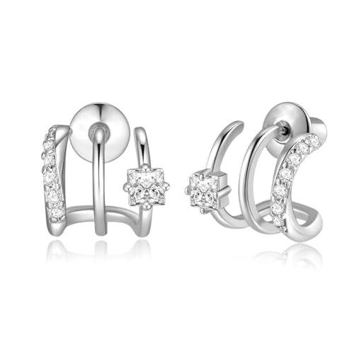 Obidos 14K Gold Plated Illusion Stud Earrings for Women | Triple Huggie Hoop Earrings for One Hole| Trendy Simple Hypoallergenic Fashion Accessories Gold Jewelry Gifts for Womens - color: White Gold