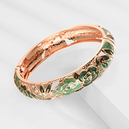 UJOY Cloisonne Bangle Colorful Enamel Filigree Rose Flower Hollowed Crystal Bracelet for Women Gifts 88A09 - color: C06-2 Pcs Set/Rose-Green