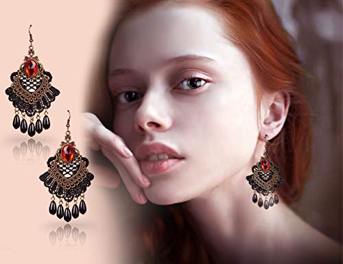 Black Lace Necklace and Earrings Set, Gothic Lolita Red Pendant Choker for a Halloween Costume and Wedding