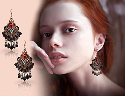 Black Lace Necklace and Earrings Set, Gothic Lolita Red Pendant Choker for a Halloween Costume and Wedding