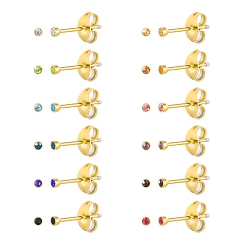 12 Pairs Surgical Stainless Steel Cubic Zirconia Birthstone Stud Earrings Heart Star Round Multicolors Stud Earrings Set for Women - style: Gold round 2mm