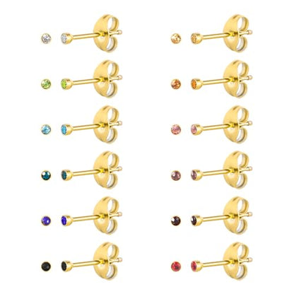 12 Pairs Surgical Stainless Steel Cubic Zirconia Birthstone Stud Earrings Heart Star Round Multicolors Stud Earrings Set for Women - style: Gold round 2mm