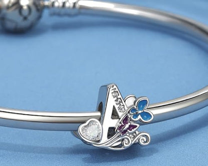 S925 Silver Butterfly Initial Letter Charms Fit for Pandora Charms Bracelets and Necklace Alphabet Bead Charms Jewelry Gifts for Women - color: A