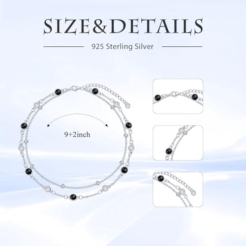 HPQQ Anklets for Women 925 Sterling Silver Natural Stone Layered Anklet Beach Summer Fine Jewelry Birthday Mothers Day Gifts for Women Mom Her - color: Black Onyx 9"-11"