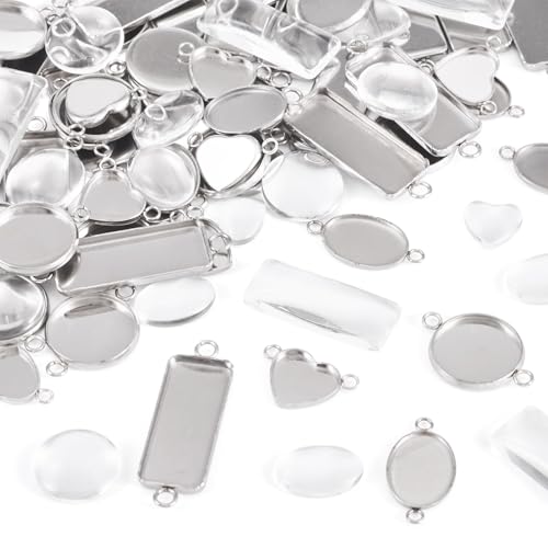 Craftdady Stainless Steel Pendant Cabochon Settings Heart Square Teardrop Flat Round Oval Rectangle Blank Bezel Trays Base Pendant with Glass Cabochons for DIY Earrings Necklace Jewelry - color: Stainless Steel Color 4 Styles