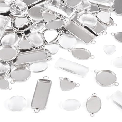 Craftdady Stainless Steel Pendant Cabochon Settings Heart Square Teardrop Flat Round Oval Rectangle Blank Bezel Trays Base Pendant with Glass Cabochons for DIY Earrings Necklace Jewelry - color: Stainless Steel Color 4 Styles