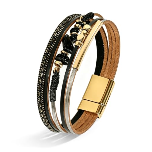 Wrapped Bracelets for Women,Leather Boho Bracelets for Women - color: Stone-Black