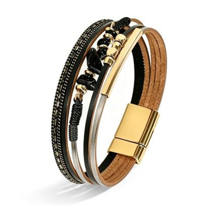 Wrapped Bracelets for Women,Leather Boho Bracelets for Women - color: Stone-Black