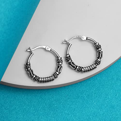 LeCalla 925 Sterling Silver Oxidized Balinese Hoops Earring Jewelry Small Antique Bali Beaded Hoop Earrings for Women - color: Balinese Spiral Design