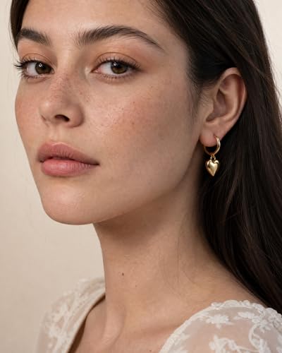 14k Gold Plated Heart Hoop Earrings for Women Heart Drop Huggie Earring Hoops with Charms for Love Gift