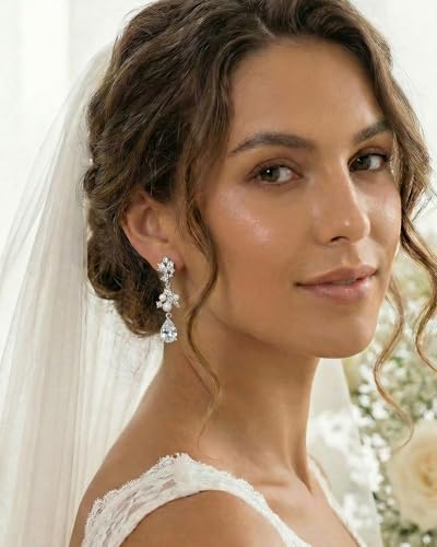 Pearl Earrings - 14K Gold/White Gold/Rose Gold Plated Cubic Zirconia CZ Diaomond Accented Pearl Drop Dangle Earrings for Women Wedding Bridal Prom - color: Silver Teardrop Design