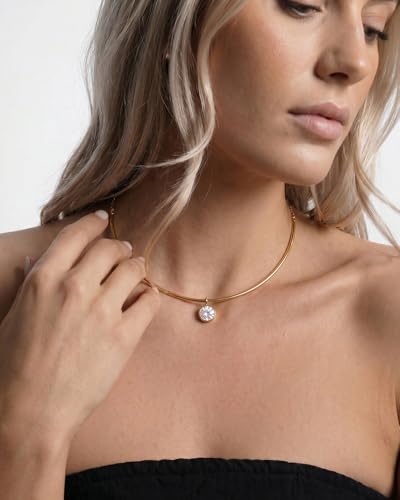 Gold CZ Choker Necklace Trendy Statement | Gold choker necklace, CZ pendant, Adjustable chain, Dainty statement, Summer gift, Gift for women, Lightweight - style: 23489