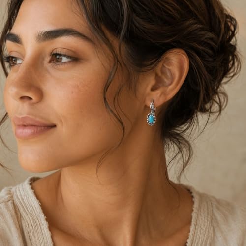 Turquoise Hoop Earrings for Women Vintage Silver Oval Turquoise Earrings Retro Boho Western Jewelry for Everyday Wear Birthday Gift