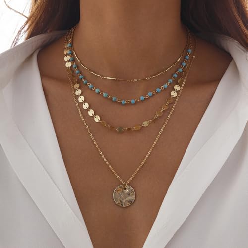 Boho Necklaces for Women Layered Turquoise Beaded Choker Necklace Western Jewelry for Women Sequin Coin Necklace Country Necklace Bohemian Boho Jewelry for Women Western Necklaces Summer Beach Necklace - style: Style B