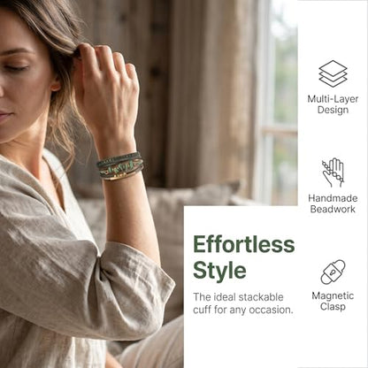 Wrap Bracelets for Women PU Leather Multi-Layer Boho Bracelet with Clasp Handmade Irregular Beads Cuff Bangle Stackable Jewelry Gift - color: Brown