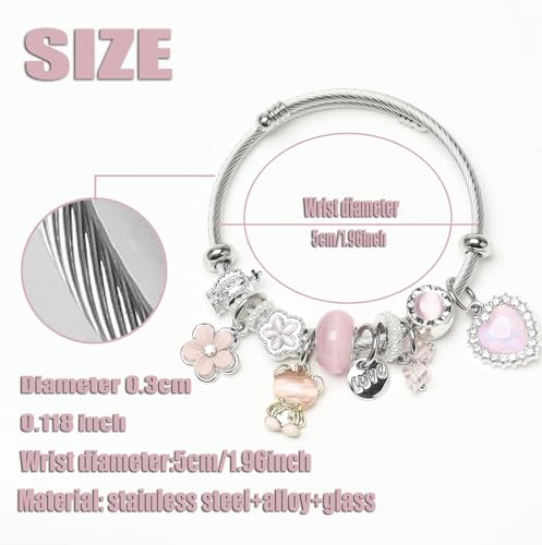 DS Charm Bracelets for girls,exquisite cute cartoon friendship bracelets Silver Stainless Steel Bangle with birthday Gift box, Adjustable girls jewelry Suitable for holiday gifts - style: Silver-pink bear 2