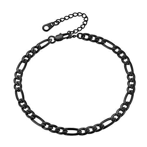 FindChic Stainless Steel Ankle Bracelets for Women, Waterproof Figaro/Cuban/Box/Beaded Chain Anklets, Summer Beach Foot Jewelry, 8.5''-10.5'' Adjustable Length, with Gift Box - style: A Figaro Chain-Black