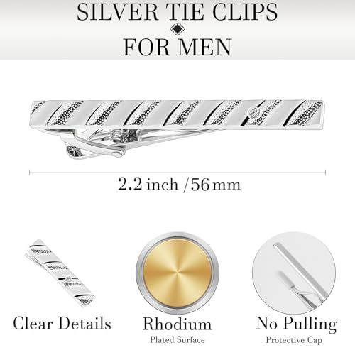 HAWSON 2.2 Inch Silver Tie Clips for Men with Crystal | Skinny Tie Pins Tacks Clasps Suit Accessories Wedding Groom Gifts