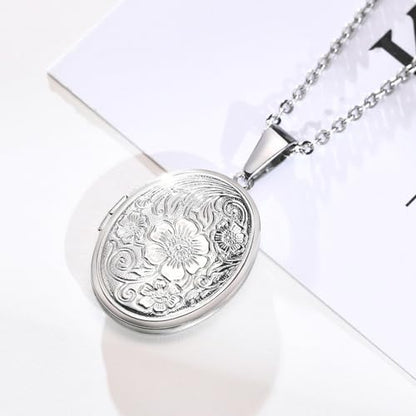2 Pcs Locket Necklace that Holds Pictures Stainless Steel Locket Pendant Necklace Image Chain Necklaces for Women - color: Oval 1