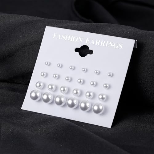 12 Pairs Pearl Stud Earrings for Women | White Pearl CZ Ball Hypoallergenic Earrings, Bridal Simulated Pearl Rhinestone Pearls Stud Earrings Jewelry Set for Wedding - color: Ivory