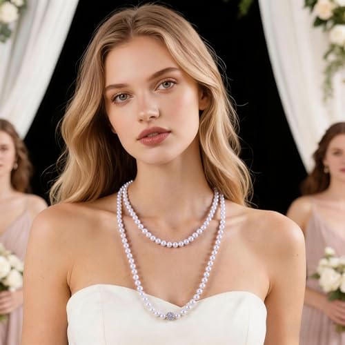 Long Pearl Necklace for Women Dainty Zircon Bead Pearl Necklace Layered Faux Pearls Necklaces Long Wedding Long Pearl Necklace Delicate Jewelry for Brides - color: white-A