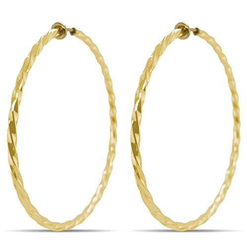 Clip On Spring Hoop Earrings for Non-Pierced Ears - color: Gold-Tone Twisted, size: 60mm