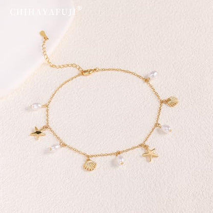 Sterling Silver Ankle Bracelets for Women 14k Gold Plated Waterproof Dainty Layered Stackable Seashell Pearl Charm Non Tarnish Adjustable Anklet for Summer Beach Jewelry Gift - color: Gold3